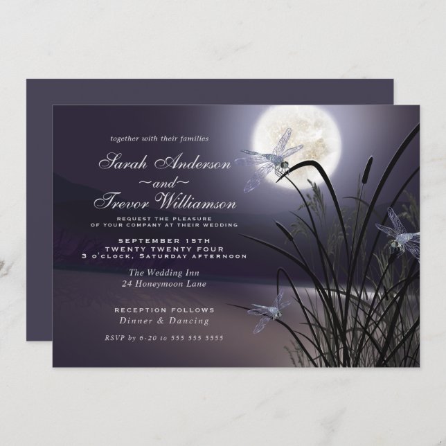 Dusty Plum Wedding Full Moon Dragonfly Pond Invitation (Front/Back)