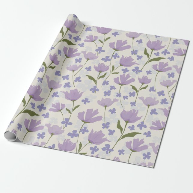 Dusty Purple and Cream Pretty Floral Pattern Wrapping Paper (Unrolled)