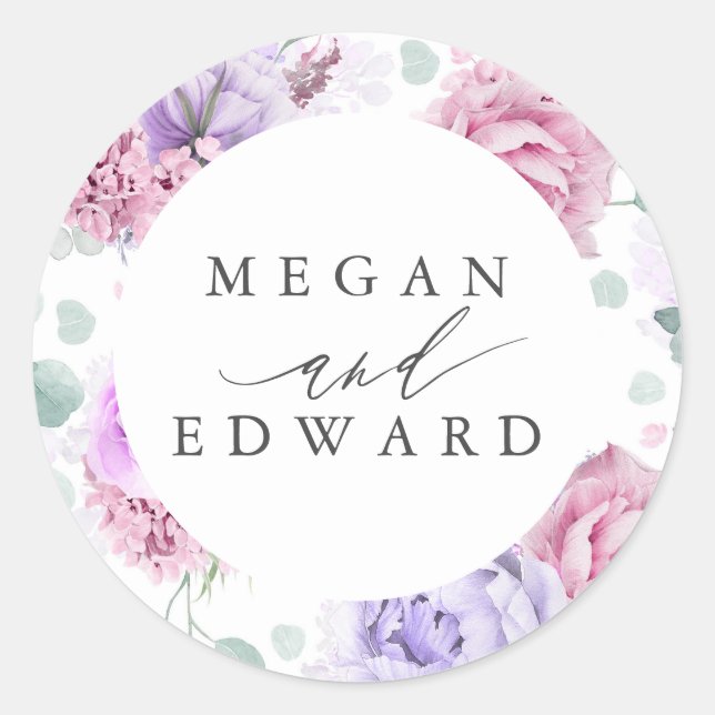 Dusty Purple and Pink Floral Botanical Wedding Classic Round Sticker (Front)