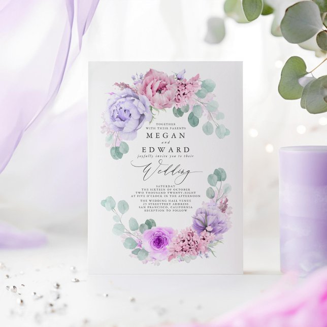 Dusty Purple and Pink Floral Elegant Boho Wedding Invitation (Dusty Purple and Pink Floral Wedding Invitations)