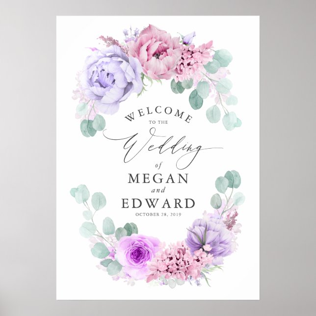 Dusty Purple and Pink Floral Wedding Welcome Poster (Front)