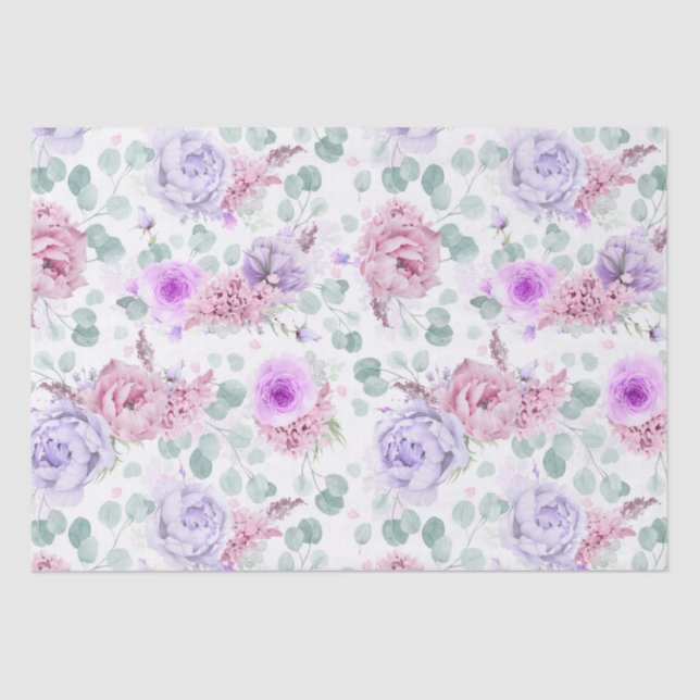 Dusty Purple and Pink Flowers Botanical Pattern Tissue Paper (Front)