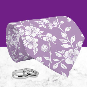 Dusty Purple and White Chinoiserie Floral Tie