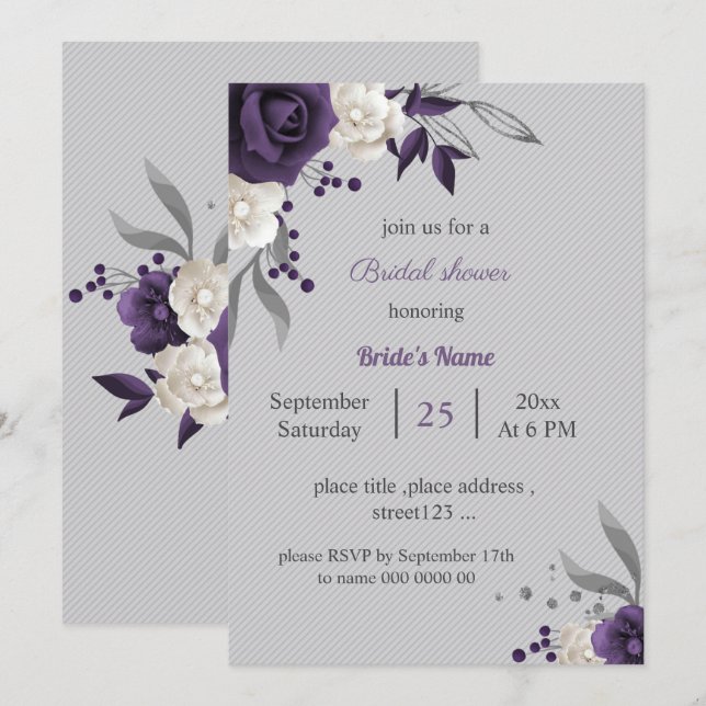dusty purple and white flowers grey bridal shower invitation (Front/Back)