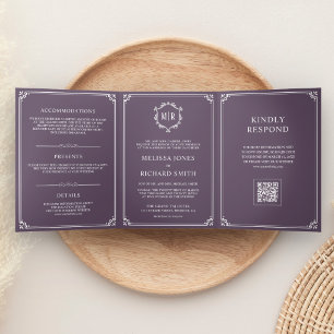 Dusty Purple and White Monogram QR Code Wedding Tri-Fold Invitation