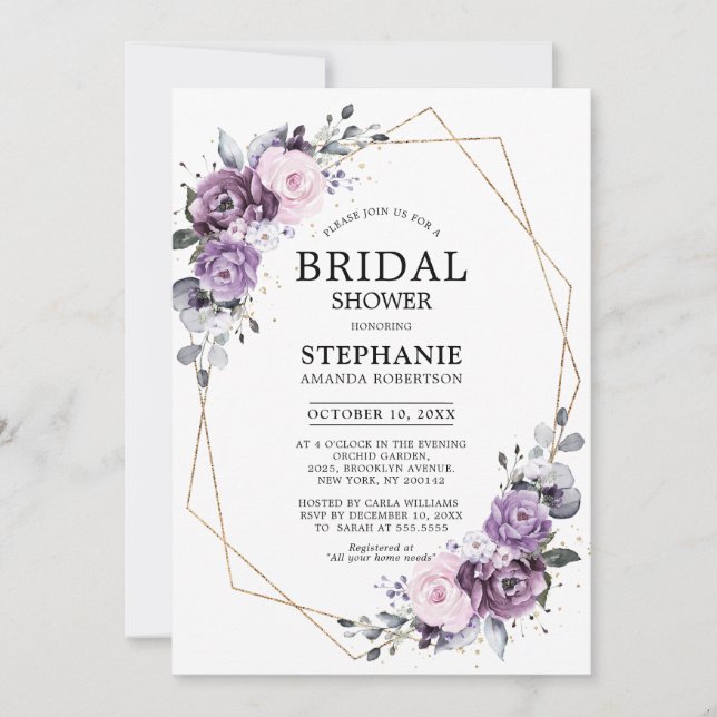 Dusty Purple Blooms Geometric Bridal Shower Invita Invitation (Front)