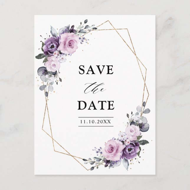 Dusty Purple Blooms Geometric Save the Date Postcard (Front)