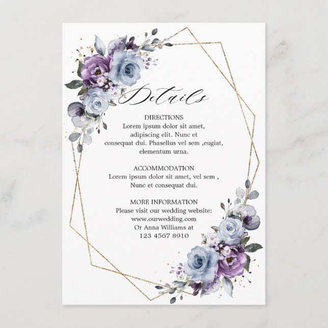 Dusty Purple Blooms Geometric Wedding Details Enclosure Card (Front)