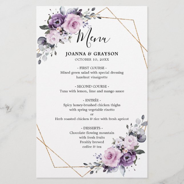 Dusty Purple Blooms Geometric Wedding Menu (Front)