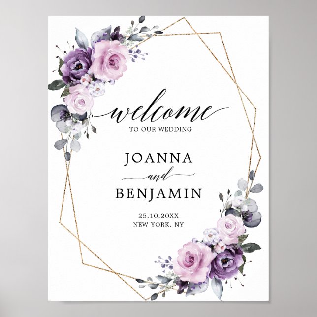 Dusty Purple Blooms Geometric Wedding Welcome Poster (Front)