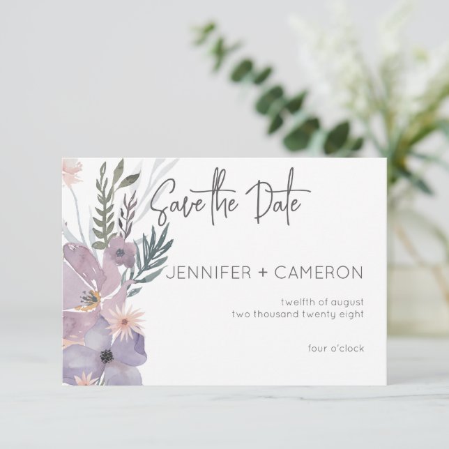 Dusty Purple & Blue Boho Floral Wedding Save The Date (Standing Front)