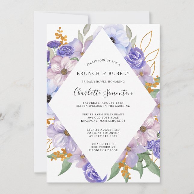 Dusty Purple Blue Floral Brunch Bubbly Invitation (Front)