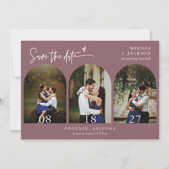 Dusty Purple Boho Arch Photo QR Code Save the Date Invitation (Front)
