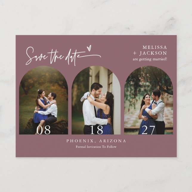 Dusty Purple Boho Arch Photo QR Code Save the Date Postcard (Front)