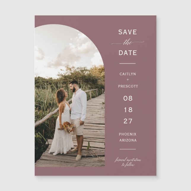 Dusty Purple Boho Arch Save the Date Magnetic Card (Front)