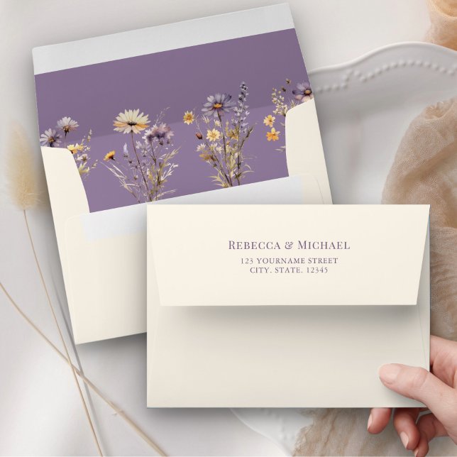 Dusty Purple Boho Wildflower Cream Wedding Envelope (Creator Uploaded)