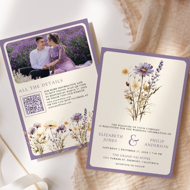 Dusty Purple Boho Wildflower Photo QR Code Wedding Invitation (Creator Uploaded)