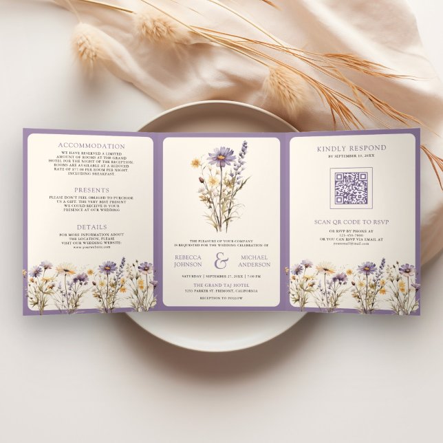 Dusty Purple Boho Wildflower Photo QR Code Wedding Tri-Fold Invitation (Creator Uploaded)