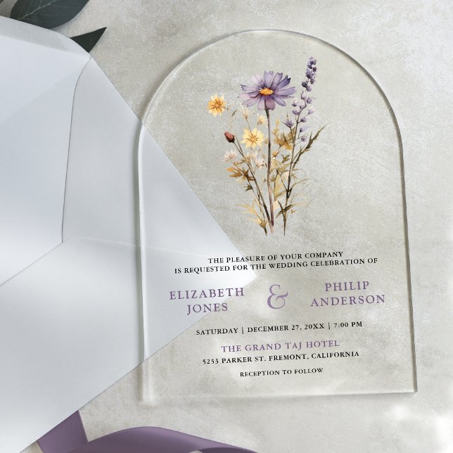 Dusty Purple Boho Wildflower Wedding Acrylic Invitations (Creator Uploaded)
