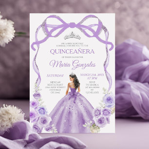 Dusty Purple Bow Princess Silver Crown Quinceañera Invitation