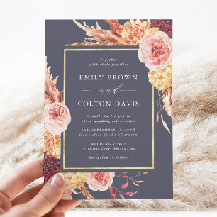 Dusty Purple Burgundy Terracotta Floral Wedding Invitation