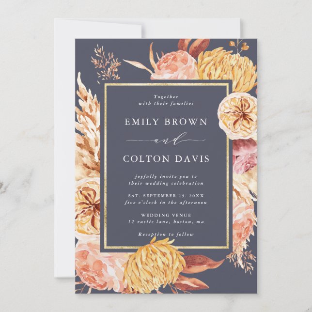 Dusty Purple Burgundy Terracotta Flower Wedding Invitation (Front)