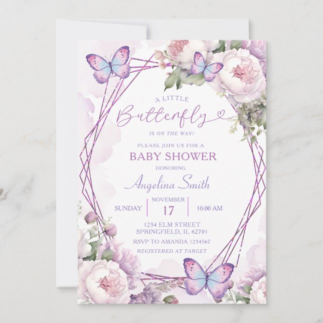 Dusty Purple Butterfly Girl Floral Baby Shower Invitation (Front)