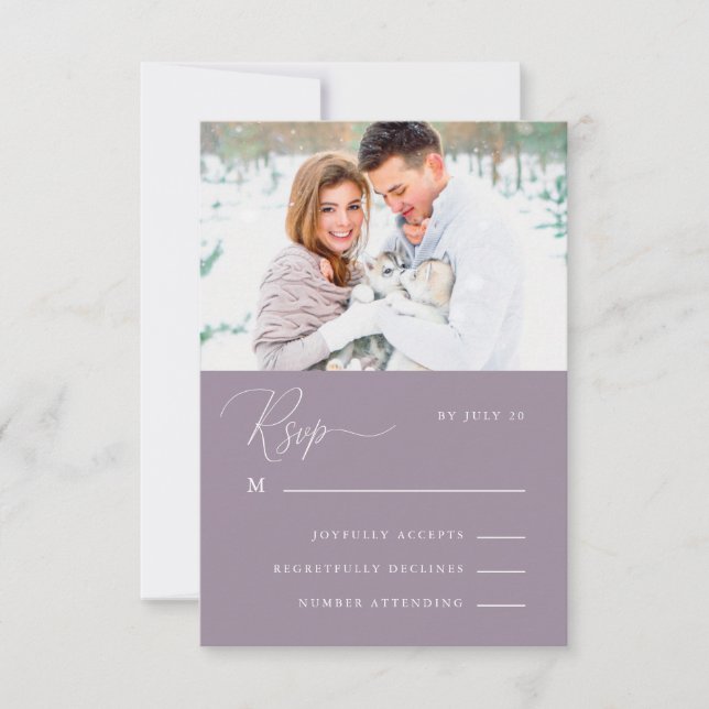 Dusty Purple Calligraphy and Floral Photo Rsvp Card (Front)