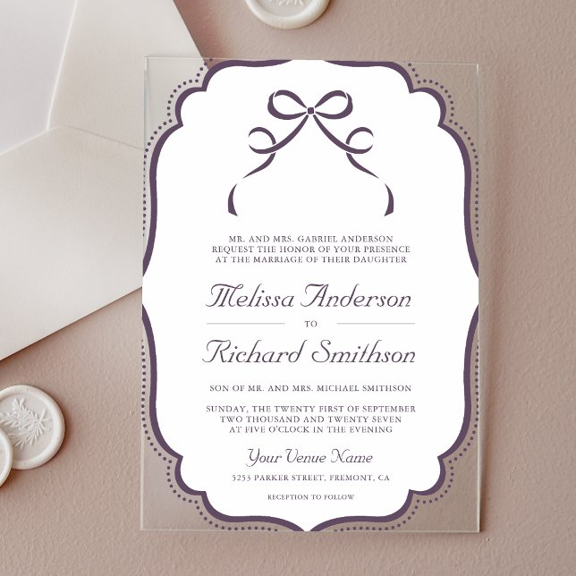 Dusty Purple Coquette Bow Wedding Acrylic Invitations (Creator Uploaded)