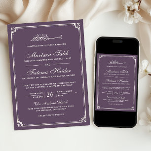 Dusty Purple Cream Border Muslim Wedding Invitation