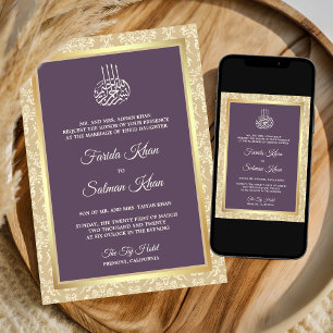 Dusty Purple Cream Damask Islamic Muslim Wedding Invitation