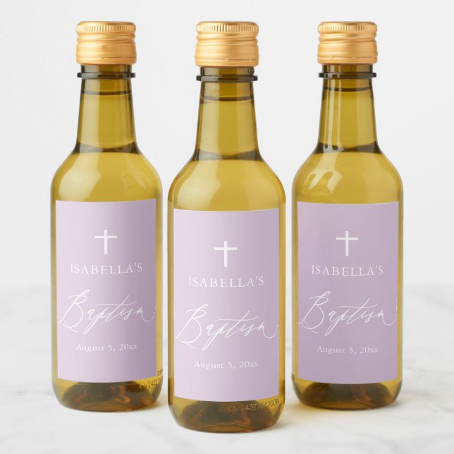 Dusty Purple Cross Girl Baptism Mini Wine Label (Bottles)