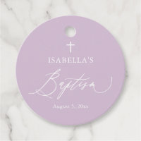 Dusty Purple Cross Girl Baptism Round Favour Tags