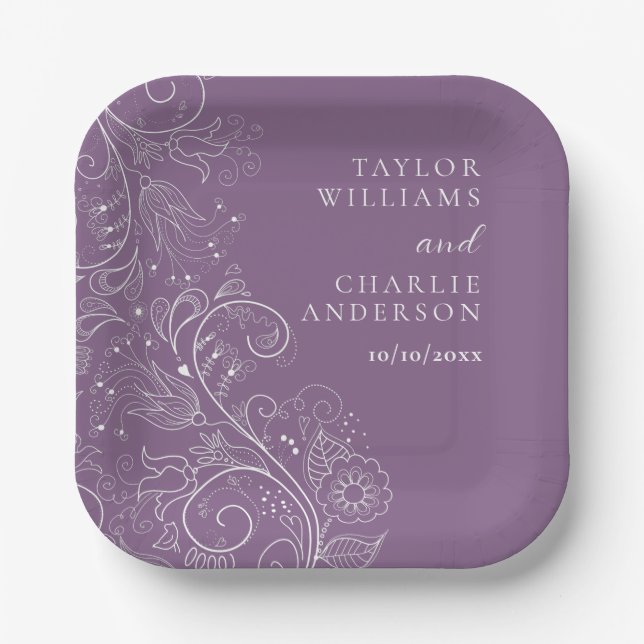 Dusty Purple Elegant Floral Wedding Paper Plate (Front)