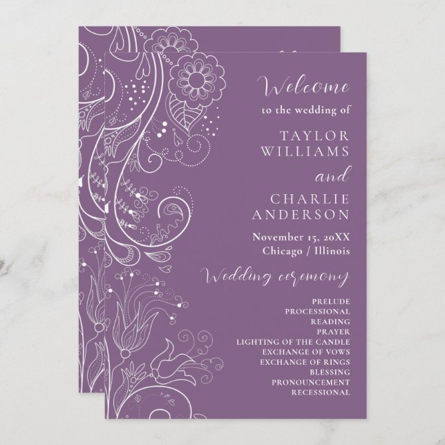 Dusty Purple Elegant Floral Wedding Program (Front/Back)