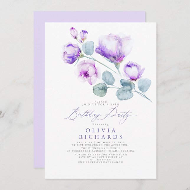 Dusty Purple Elegant Romantic Floral Birthday Invitation (Front/Back)