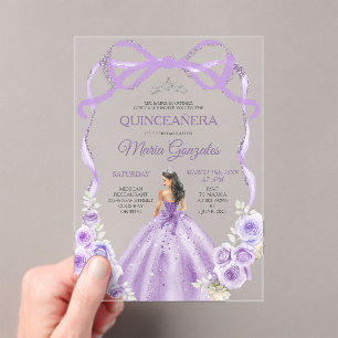 Dusty Purple Floral Bow Ribbon Silver Mis Quince Acrylic Invitations