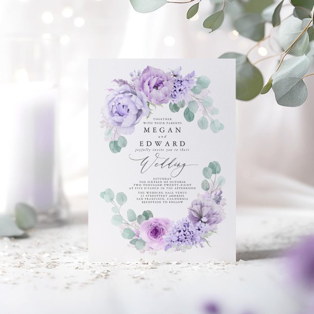 Dusty Purple Floral Elegant Boho Wedding Invitation (Dusty Purple Floral Wedding Invitations)