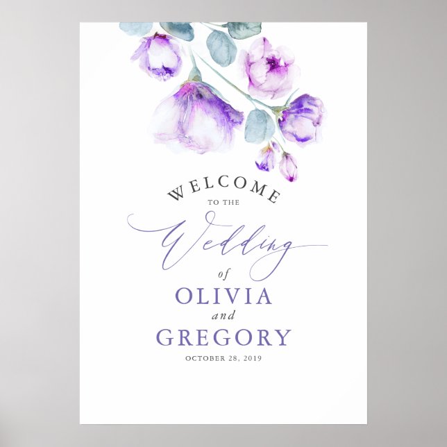 Dusty Purple Floral Elegant Wedding Welcome Sign (Front)