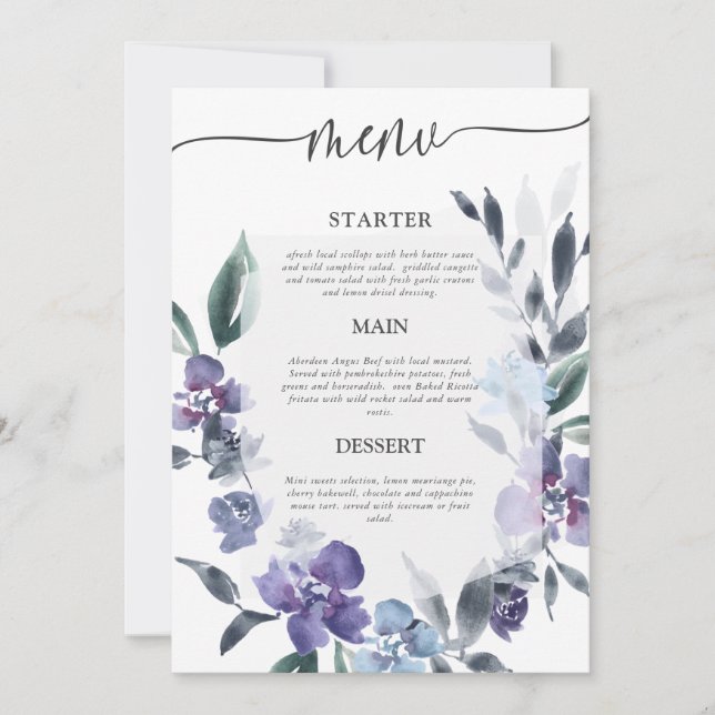 Dusty Purple Floral Garden Wedding Menu, Invitation (Front)