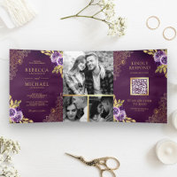 Dusty Purple Floral Gold Lace QR Code Wedding