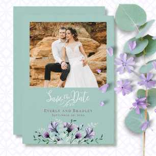 Dusty Purple Floral Green QR Code Save the Date Invitation