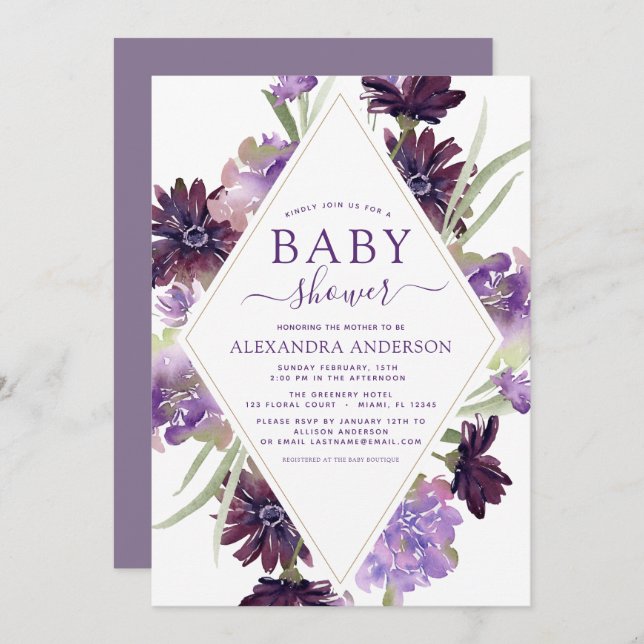 Dusty Purple Floral Greenery Baby Shower Invitation (Front/Back)