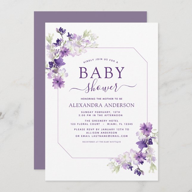 Dusty Purple Floral Greenery Baby Shower Invitation (Front/Back)