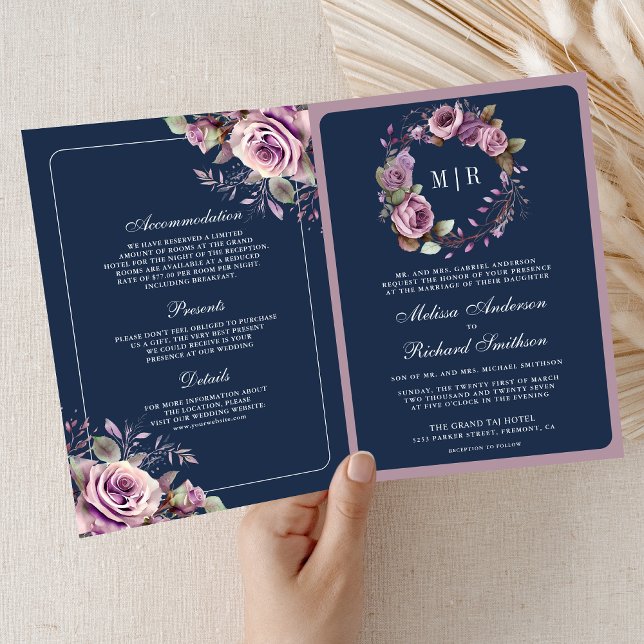 Dusty Purple Floral QR Code Navy Blue Wedding Invitation (Creator Uploaded)