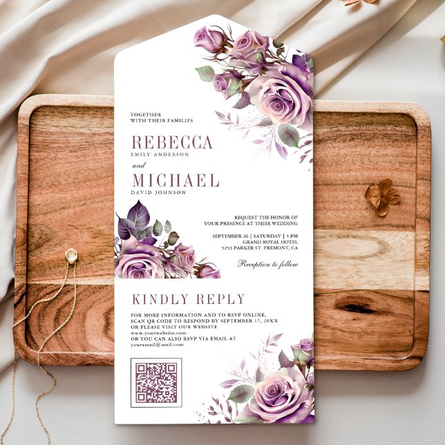 Dusty Purple Floral QR Code Wedding All In One Invitation (Creator Uploaded)