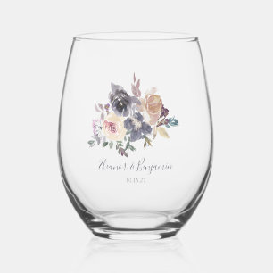 Dusty Purple Floral Watercolor Wedding Custom  Stemless Wine Glass