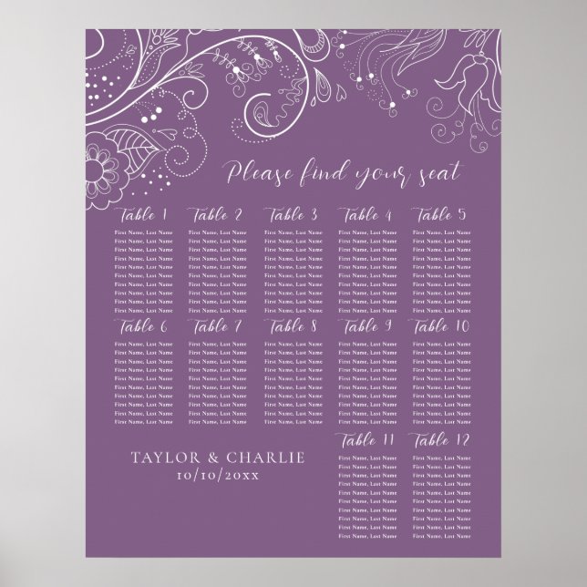Dusty Purple Floral Wedding 12 Table Seating Chart (Front)
