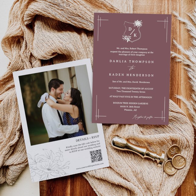 Dusty Purple Floral Wedding Crest QR Code Photo Invitation (Creator Uploaded)