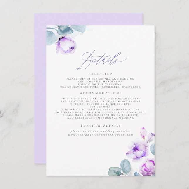 Dusty Purple Floral Wedding Details Enclosure Card (Front/Back)